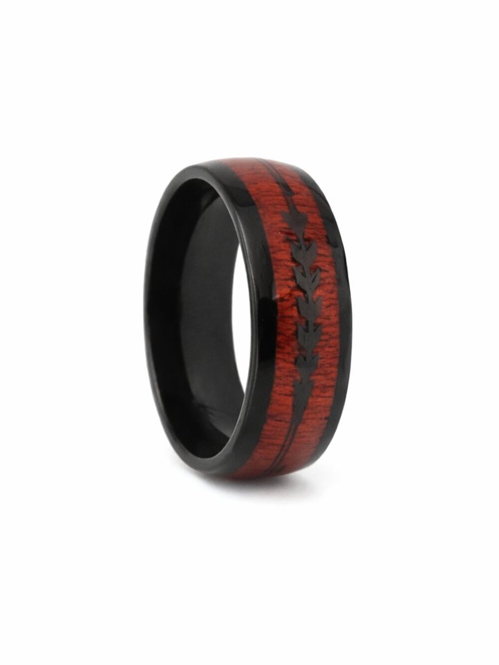 Size 13 8mm Black Stainless Steel Ring Men’s Wedding Band Wood Grain Arrow Inlay